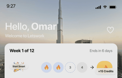 The check-in reward animation: a 'Week Progress' banner drops in, a gradient bar fills between the check-in circles, and the count ticks up as the fire lights.