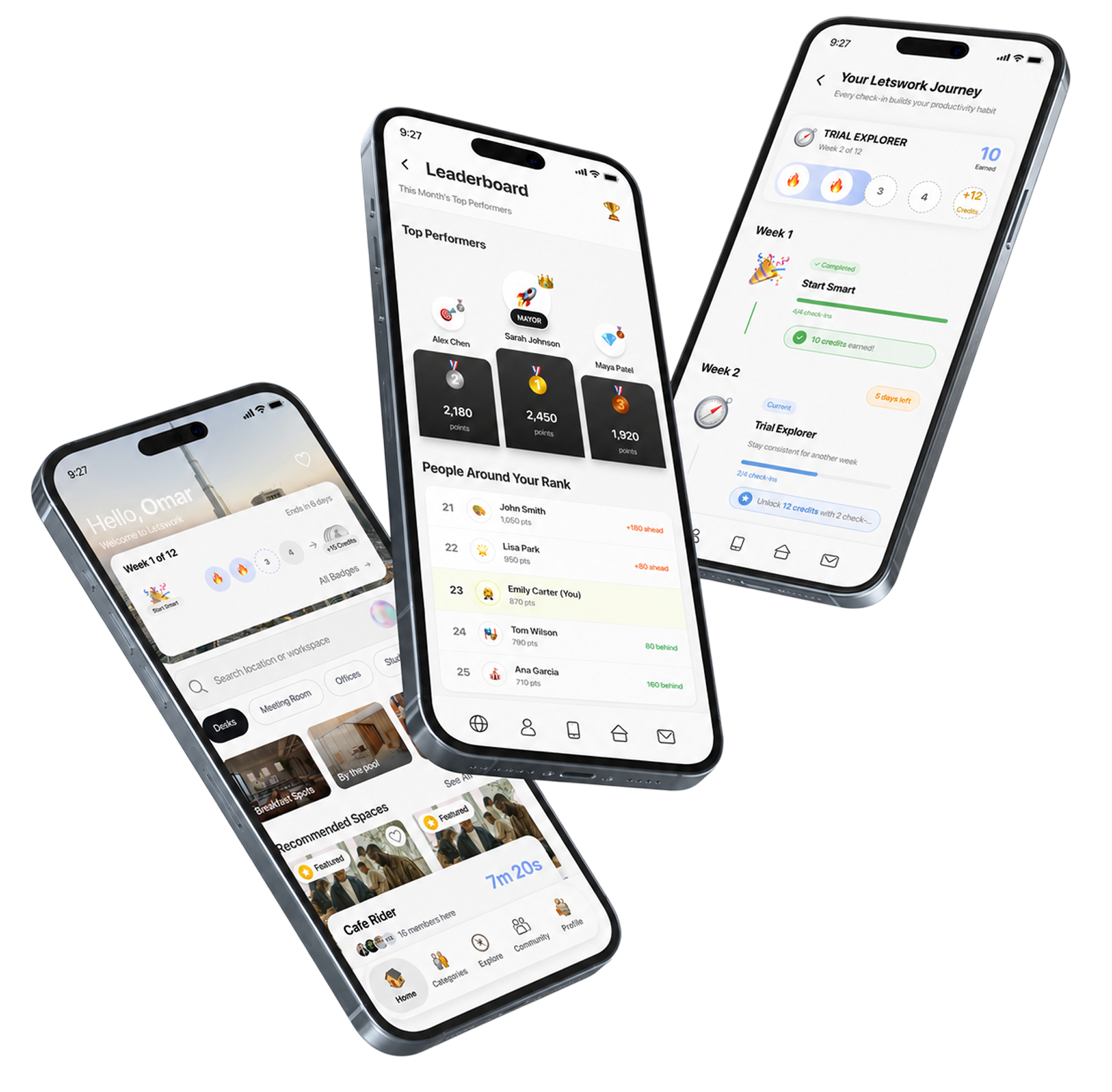Three iPhones showing the Letswork app: the home screen with the weekly-progress widget, the venue leaderboard with its podium and mayor, and the twelve-week journey timeline.