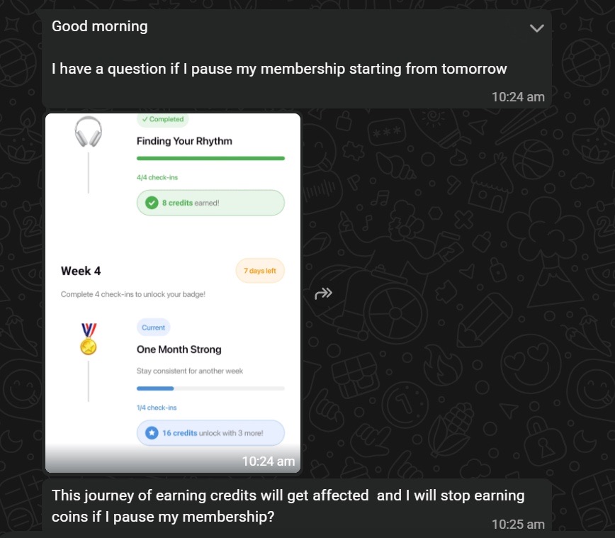 A Letswork member messages support: 'I have a question if I pause my membership starting from tomorrow', attaching a screenshot of their own 12-week journey progress, then asks 'This journey of earning credits will get affected and I will stop earning coins if I pause my membership?'