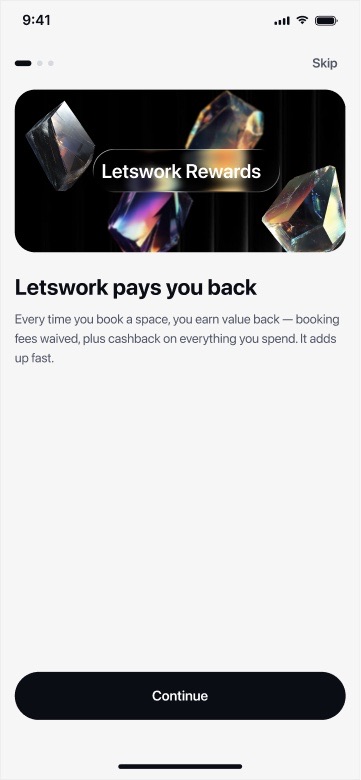 Letswork Rewards intro screen, 'Letswork pays you back': every booking earns value back, booking fees waived plus cashback on everything you spend.